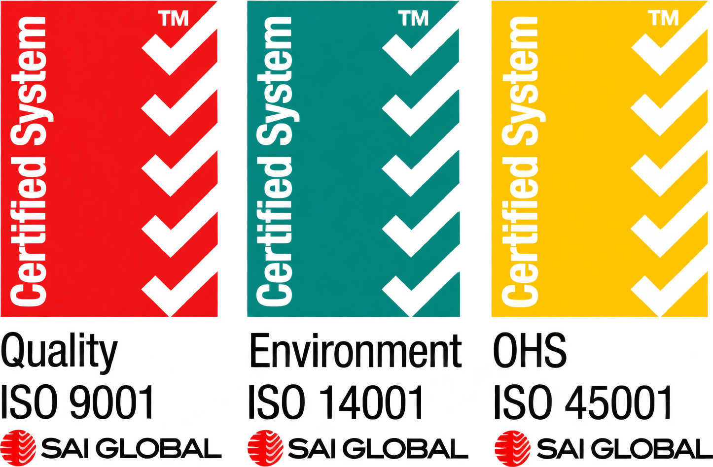 SAI Global certified systems: ISO 9001 Quality, ISO 14001 Environment, ISO 45001 OHS